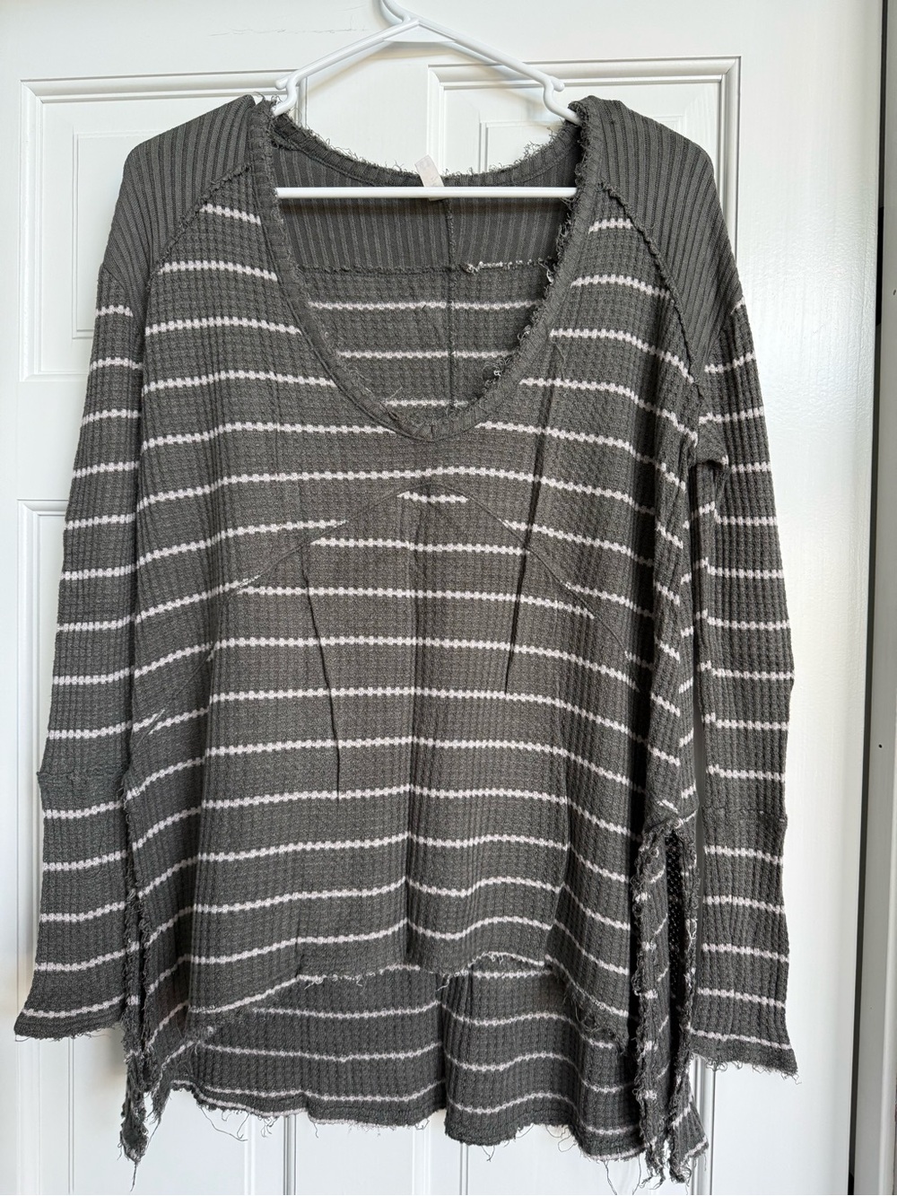 Free People Gray & White Striped Waffle V-Neck Pullover